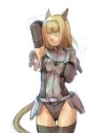 armpits arms_up bad_id blonde_hair branch_(artist) branch_(blackrabbits) cat_ears closed_eyes final_fantasy final_fantasy_xi mithra solo thigh-highs thighhighs 