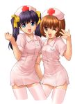  2girls breasts nurse nurse_cap thigh-highs wink zettai_ryouiki 