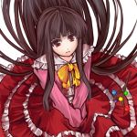 1girl branch brown_hair frilled_skirt frills hime_cut houraisan_kaguya japanese_clothes jeweled_branch_of_hourai kanaria_(artist) long_hair long_skirt looking_up red_eyes sitting skirt solo touhou v_arms very_long_hair