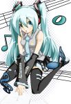  aqua_hair detached_sleeves hatsune_miku musical_note musical_notes necktie remyu sitting skirt thigh-highs thighhighs twintails vocaloid 
