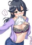  ... 1girl ahoge alternate_costume blue_hair blush bra breasts casual collarbone ebifurya hair_between_eyes highres kantai_collection large_breasts lifted_by_self long_hair looking_at_viewer midriff mouth_hold navel purple_bra shirt shirt_lift spoken_ellipsis twitter_username underwear upper_body ushio_(kantai_collection) white_shirt 