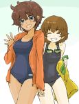  2girls bangs blue_eyes blue_swimsuit blush brown_hair closed_eyes cowboy_shot freckles girls_und_panzer goggles goggles_around_neck grin hand_holding jacket looking_at_viewer multiple_girls oimo_mushi one-piece_swimsuit open_clothes open_jacket open_mouth orange_jacket school_swimsuit short_hair simple_background smile standing suzuki_(girls_und_panzer) swimsuit thigh_gap tsuchiya_(girls_und_panzer) white_background 