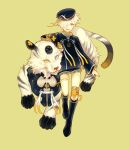  1boy absurdres animal chesunatto gokotai hair_over_one_eye heterochromia highres kneehighs long_sleeves looking_at_viewer male_focus military military_uniform open_mouth short_hair shorts smile solo tail thigh_strap tiger touken_ranbu uniform wavy_hair white_hair white_tiger yellow_background yellow_eyes 