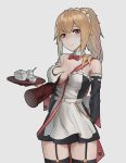  1girl blonde_hair blush breast_grab breasts cleavage cowboy_shot cup detached_sleeves garter_straps girls_frontline grabbing highres jiachong_jun_z looking_away maid maid_headdress ponytail red_eyes skirt solo sv-98_(girls_frontline) teacup teapot thigh-highs tray 