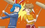  2girls animal_ears blonde_hair blue_hair blue_jacket blue_pants brown_hat clothes_around_waist eye_contact flat_cap hat jacket jacket_around_waist kine long_sleeves looking_at_another meitei mortar multiple_girls orange_background orange_shirt pants rabbit_ears red_eyes red_jacket red_pants ringo_(touhou) rivalry seiran_(touhou) shirt short_hair short_sleeves smile touhou track_jacket track_suit upper_body zipper_pull_tab 