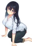  1girl all_fours arched_back arm_support barefoot black_hair blouse blue_eyes breasts denim hair_between_eyes hair_over_shoulder highres jeans kagematsuri large_breasts long_hair looking_at_viewer original pants sitting sleeves_rolled_up smile white_blouse 