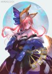  1girl animal_ears bare_shoulders bow cglas detached_collar fan fate/grand_order fate_(series) hair_bow hand_on_own_chest highres looking_to_the_side pink_hair realistic solo tail tamamo_(fate)_(all) tamamo_no_mae_(fate) wind yellow_eyes 