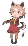  1girl animal_ears brown_eyes character_name chestnut_mouth dog_ears dog_tail dress full_body kemono_friends light_brown_hair new_guinea_highland_wild_dog_(kemono_friends) open_mouth original outstretched_arm pigeon-toed ribbon shoes solo standing tail watermark white_background yoshizaki_mine 