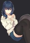 1girl black_legwear blue_eyes blue_shorts breasts cleavage denim denim_shorts hair_between_eyes hands_on_own_chest highres kagematsuri lips long_hair looking_at_viewer lying medium_breasts off-shoulder_sweater on_back original shorts sleeves_past_wrists smile sweater thighs white_sweater 