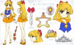  1girl aino_minako alternate_eye_color artist_name bishoujo_senshi_sailor_moon blonde_hair blue_bow bow brooch brown_eyes character_name character_sheet closed_mouth earrings elbow_gloves full_body gloves hair_bow half_updo hand_on_hip instrument jewelry long_hair looking_at_viewer magical_girl multiple_persona multiple_views orange_choker orange_sailor_collar orange_shoes orange_skirt pleated_skirt pretty_guardian_sailor_moon profile red_bow sailor_venus shirataki_kaiseki shoes skirt smile standing tambourine tiara two_side_up venus_symbol white_background white_gloves 