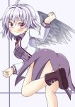  1girl ahoge aki_chimaki ass blush boots bow bowtie braid dress feathered_wings french_braid grey_background grey_wings jacket kishin_sagume long_sleeves looking_back open_clothes open_jacket pink_eyes purple_dress short_dress silver_hair single_wing solo thighs touhou twisted_torso white_jacket wings 