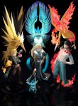  1girl 2boys amputee articuno black_background black_hair blonde_hair blue_eyes braid bubble_jett crossover edward_elric fullmetal_alchemist glaceon hair_over_one_eye highres litten long_hair military military_uniform moltres multiple_boys olivier_mira_armstrong pikachu poke_ball pokemon pokemon_(creature) ponytail prosthesis roy_mustang sword uniform weapon zapdos 