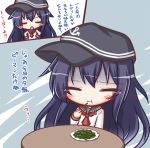  1girl akatsuki_(kantai_collection) ascot blush_stickers chibi chopsticks closed_eyes eating flat_cap food food_in_mouth hands_on_hips hat kantai_collection lilywhite_lilyblack purple_hair school_uniform serafuku solo table tears translation_request wavy_mouth 