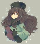  1girl blush brown_hair character_request coat eyebrows_visible_through_hair green_coat green_eyes green_hat hat iroyopon long_hair long_sleeves looking_at_viewer mittens smile solo 