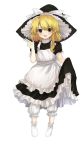  1girl :d apron black_hat black_shirt black_skirt blonde_hair bloomers bow braid frilled_apron frilled_hat frilled_legwear frilled_skirt frills full_body hair_between_eyes hair_bow hair_ribbon hat highres kirisame_marisa open_mouth puffy_short_sleeves puffy_sleeves ribbon shirt short_sleeves shoudoku_taishi_(taishi) side_braid single_braid skirt skirt_hold smile solo the_embodiment_of_scarlet_devil touhou tress_ribbon underwear white_apron white_background white_bloomers white_bow white_legwear witch_hat yellow_eyes 