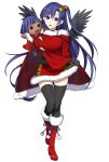  1girl black_gloves black_legwear black_wings blue_eyes blue_hair boots bow feathered_wings full_body fur_trim gloves hair_bow hand_puppet highres long_hair looking_at_viewer one_side_up plaid plaid_skirt puppet santa_costume simple_background skirt skirt_lift solo thigh-highs umube white_background wings youkai_hyakki-tan! 