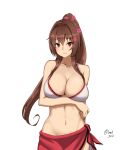  1girl adapted_costume bangs bare_arms bare_shoulders blush breast_hold breasts brown_hair cleavage collarbone cowboy_shot flower groin hair_between_eyes hair_flower hair_ornament highres kantai_collection large_breasts long_hair looking_at_viewer navel ponytail red_eyes sarong smile solo stomach taka_(vert_320) white_bikini_top yamato_(kantai_collection) 