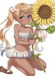  1girl bandeau bangs bare_arms bare_shoulders bikini bikini_skirt blue_bikini blue_eyes blush bow bow_bikini closed_mouth collarbone commentary_request curly_hair dark_skin eyelashes feet flip-flops flower frilled_bikini frills full_body granblue_fantasy hair_flower hair_ornament halter_top halterneck highres holding holding_flower io_euclase kneeling long_hair looking_at_viewer midriff nape navel rudowa sandals shiny shiny_skin shoe_dangle shoe_flower simple_background smile solo stomach string_bikini striped striped_bikini sunflower swept_bangs swimsuit toes twintails very_long_hair white_background white_bikini white_flower yellow_flower 