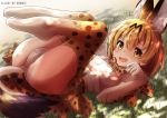  1girl :d animal_ears artist_name blonde_hair blush bow bowtie brown_eyes dappled_sunlight eyebrows_visible_through_hair fang from_side grass hair_between_eyes kemono_friends looking_at_viewer lying on_back on_ground open_mouth panties paw_pose plantar_flexion saruei serval_(kemono_friends) serval_ears serval_print serval_tail shirt skirt sleeveless sleeveless_shirt smile solo sunlight tail thigh-highs underwear white_panties 