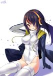  1girl black_hair black_jacket brown_eyes covered_navel emperor_penguin_(kemono_friends) hair_over_one_eye headphones highleg highleg_leotard highres impossible_clothes impossible_leotard jacket kemono_friends leotard long_hair looking_at_viewer multicolored_hair ootsuki_momiji open_clothes open_jacket shadow solo thigh-highs white_background white_legwear white_leotard 