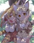  2girls animal_ears bow bowtie breasts cat_ears cat_tail character_request commentary_request cross-laced_clothes day elbow_gloves gloves high-waist_skirt highres kemono_friends large_breasts looking_at_viewer makuran multiple_girls one_eye_closed outdoors paw_pose sand_cat_(kemono_friends) serval_(kemono_friends) serval_ears serval_print serval_tail shirt sitting skirt sleeveless sleeveless_shirt striped_tail tail tareme 
