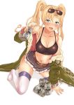  1girl absurdres beer_can black_skirt blonde_hair blue_eyes blush breasts can cleavage drunk granblue_fantasy hair_ornament hairband highres kneeling long_hair looking_at_viewer midriff miniskirt navel open_mouth pm_tii_(matuko1024) skirt solo sunglasses sunglasses_on_head thigh-highs thighs twintails wavy_mouth white_legwear zeta_(granblue_fantasy) 