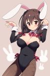  1girl alternate_costume animal_ears black_hair blush braid breasts brown_background bunny_pose bunnysuit cowboy_shot crown_braid detached_collar fake_animal_ears fishnet_pantyhose fishnets hair_ribbon kono_subarashii_sekai_ni_shukufuku_wo! large_breasts neck_ribbon odawara_hakone pantyhose rabbit_ears red_eyes ribbon smile solo tress_ribbon yunyun_(konosuba) 