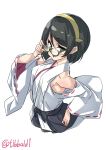  1girl bangs black_eyes black_hair blush ebifurya eyebrows_visible_through_hair glasses green-framed_eyewear hair_between_eyes hairband hand_on_glasses hand_on_hip hand_up highres kantai_collection kirishima_(kantai_collection) long_sleeves looking_at_viewer nontraditional_miko open_mouth ribbon-trimmed_sleeves ribbon_trim semi-rimless_glasses short_hair simple_background solo twitter_username under-rim_glasses upper_body white_background wide_sleeves 