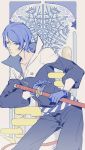  1boy blue_eyes blue_hair collarbone eyelashes fox_mask gloves kitagawa_yuusuke male_focus mask persona persona_5 solo weapon 