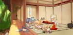  6+girls :d alpaca_ears alpaca_suri animal_ears closed_eyes copyright_name eating elbow_gloves food fruit fur_collar gloves grey_hair hair_over_one_eye hanging_scroll hole hood hoodie jaguar_(kemono_friends) kemono_friends kotatsu long_sleeves lucky_beast_(kemono_friends) mandarin_orange multicolored_hair multiple_girls murakami_hisashi open_mouth scroll seiza serval_(kemono_friends) serval_ears short_hair sitting small-clawed_otter_(kemono_friends) smile table thigh-highs tokonoma tsuchinoko_(kemono_friends) two-tone_hair wariza zebra_(kemono_friends) 