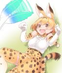  :d animal_ears arms_up blonde_hair bow bowtie breasts elbow_gloves fang feathers gloves grass happy highres kemono_friends lying on_back on_grass open_mouth playing sakoku_(rh_ty_ks) serval_(kemono_friends) serval_ears serval_print serval_tail short_hair sleeveless smile tail thigh-highs 