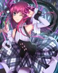  1girl ;q \m/ aidesa armpits bangs bare_shoulders blue_eyes blush bow corset curled_horns detached_sleeves dragon_tail dress fate/extra fate_(series) frills hair_ribbon highres horns lancer_(fate/extra_ccc) long_hair looking_at_viewer one_eye_closed pink_bow pink_hair plaid plaid_dress pointy_ears ribbon solo star tail tail_bow tongue tongue_out two_side_up wrist_cuffs 