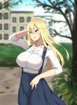  &gt;:) 1girl alternate_costume bismarck_(kantai_collection) blonde_hair blue_eyes blurry blush breasts cowboy_shot day depth_of_field dress_shirt highres iron_cross kantai_collection large_breasts long_hair looking_away meme_attire outdoors shirt sidelocks skirt solo suspender_skirt suspenders taka_(vert_320) virgin_killer_outfit white_shirt 