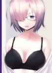  1girl annoyed black_bra bra breasts collarbone dress_shirt fate/grand_order fate_(series) glasses hair_over_one_eye highres medium_breasts off_shoulder open_clothes open_mouth purple_hair puyo shielder_(fate/grand_order) shirt short_hair solo sweatdrop underwear undressing violet_eyes 