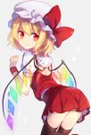  1girl ascot ass back bat_wings black_legwear blonde_hair bow closed_mouth commentary_request crystal eyebrows_visible_through_hair flandre_scarlet from_behind hat hat_bow hat_ribbon kohaku. laevatein looking_at_viewer looking_back mob_cap puffy_short_sleeves puffy_sleeves red_eyes ribbon short_hair short_sleeves side_ponytail simple_background skirt skirt_set smile solo thigh-highs touhou wings wrist_cuffs 