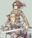  1girl blush brown_eyes brown_hair dress_shirt glasses goggles hange_zoe jacket ponytail shingeki_no_kyojin shirt short_hair simple_background solo sword three-dimensional_maneuver_gear weapon yamashita_shun&#039;ya 