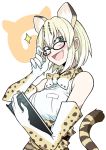  1girl animal_ears animal_print bare_shoulders blonde_hair breasts cat_ears cat_tail elbow_gloves fangs glasses gloves gogiga_gagagigo group_name highres holding japari_symbol kemono_friends large_breasts looking_at_viewer margay_(kemono_friends) open_mouth shirt short_hair simple_background skirt sleeveless sleeveless_shirt solo tail white_shirt yellow_eyes 
