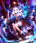  1girl artist_request bird birdcage blue_eyes blue_fire boots cage claws crown dress fire fishnets frilled_skirt frills fur_trim gauntlets glowing little_soulsquasher official_art shadowverse sitting skirt smile throne white_hair 
