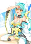  1girl adapted_costume aqua_hair bikini blush breasts cleavage detached_collar fang fate/grand_order fate_(series) frilled_bikini frills hair_ornament highres horns japanese_clothes kimono kiyohime_(fate/grand_order) long_hair looking_at_viewer medium_breasts open_mouth smile solo swimsuit take-g thigh-highs wide_sleeves yellow_eyes 