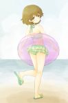  1girl bangs bikini bikini_skirt brown_eyes brown_hair closed_mouth freckles frilled_bikini frills full_body girls_und_panzer green_bikini holding innertube looking_at_viewer looking_back oimo_mushi sandals short_hair smile solo standing standing_on_one_leg swimsuit tsuchiya_(girls_und_panzer) 