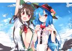  2girls :d ;) ahoge arm_up bird bird_wings black_hair black_hat blue_hair blush bow bowtie breasts center_opening day dress_shirt fang food fruit green_bow hair_between_eyes hair_bow hat heart heart_hands hinanawi_tenshi large_breasts leaf long_hair looking_at_viewer multiple_girls no_bra one_eye_closed open_clothes open_mouth open_shirt peach red_bow red_bowtie reiuji_utsuho shirt short_sleeves smile tetsurou_(fe+) third_eye touhou wings 