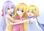  &gt;:c 3girls ^_^ ^o^ ahoge blonde_hair blue_eyes blush bow bowtie chisaki_tapris_sugarbell closed_eyes cross_hair_ornament flower gabriel_dropout girl_sandwich hair_bow hair_flower hair_ornament hug jacket kyuukon_(qkonsan) lavender_hair long_hair multiple_girls open_mouth pout sandwiched scarf school_uniform shiraha_raphiel_ainsworth short_hair smile tenma_gabriel_white track_jacket very_long_hair yellow_eyes 