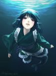  1girl bangs blue_eyes blue_hair drill_hair fish_tail foreshortening frills gengoroumaru_(ambidextrous) head_fins highres japanese_clothes kimono long_sleeves looking_at_viewer mermaid monster_girl obi parted_lips sash smile solo touhou twitter_username underwater wakasagihime wide_sleeves 