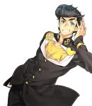  1boy anchor_symbol aqua_eyes black_hair earrings gakuran grin hand_in_pocket heart higashikata_jousuke jewelry jojo_no_kimyou_na_bouken male_focus peace_symbol pin pompadour pose school_uniform signature smile solo stud_earrings toujou_sakana zipper 