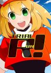  1girl blonde_hair blush breasts cover cover_page doujin_cover green_eyes long_hair open_mouth rockman rockman_dash roll_caskett smile solo toake under_boob 