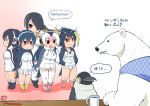  5girls animal_ears bear bird black_hair blush breasts brown_eyes buntaichou commentary_request crossover emperor_penguin_(kemono_friends) gentoo_penguin_(kemono_friends) hair_between_eyes hair_over_one_eye hands_in_pockets headphones hood hoodie humboldt_penguin_(kemono_friends) jacket kemono_friends leotard long_hair multicolored_hair multiple_girls open_mouth penguin penguin_(shirokuma_cafe) penguins_performance_project_(kemono_friends) pleated_skirt polar_bear red_eyes rockhopper_penguin_(kemono_friends) royal_penguin_(kemono_friends) shirokuma_(shirokuma_cafe) shirokuma_cafe short_hair skirt smile speech_bubble sweatdrop thigh-highs trait_connection translation_request twintails twitter_username white_hair white_legwear white_leotard white_skirt 