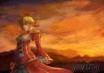  1girl absurdres ahoge arms_at_sides blonde_hair braid breasts copyright_name epaulettes fate/extra fate_(series) french_braid green_eyes highres juliet_sleeves long_sleeves medium_breasts puffy_sleeves saber saber_extra short_hair solo sunset wide_sleeves 