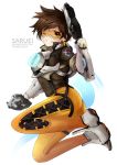  1girl artist_name blush bomber_jacket boots brown_gloves brown_hair brown_jacket character_name cross-laced_clothes cross-laced_legwear dual_wielding from_side full_body gloves goggles gun handgun harness head_tilt highres holding holding_gun holding_weapon jacket leather leather_jacket one_eye_closed orange_pants overwatch pants pistol saruei short_hair simple_background solo tight tight_pants tracer_(overwatch) watermark weapon web_address white_background 