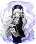  1girl blush eyebrows_visible_through_hair greyscale hat iroyopon junko_(touhou) long_hair long_sleeves looking_at_viewer monochrome open_mouth solo touhou 