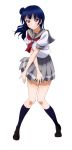  1girl blue_hair blue_legwear blush collarbone full_body grey_skirt hair_bun highres kneehighs long_hair looking_at_viewer love_live! love_live!_sunshine!! neckerchief pleated_skirt red_eyes red_neckerchief school_uniform serafuku shirt short_sleeves skirt smile solo standing transparent_background tsushima_yoshiko white_shirt 